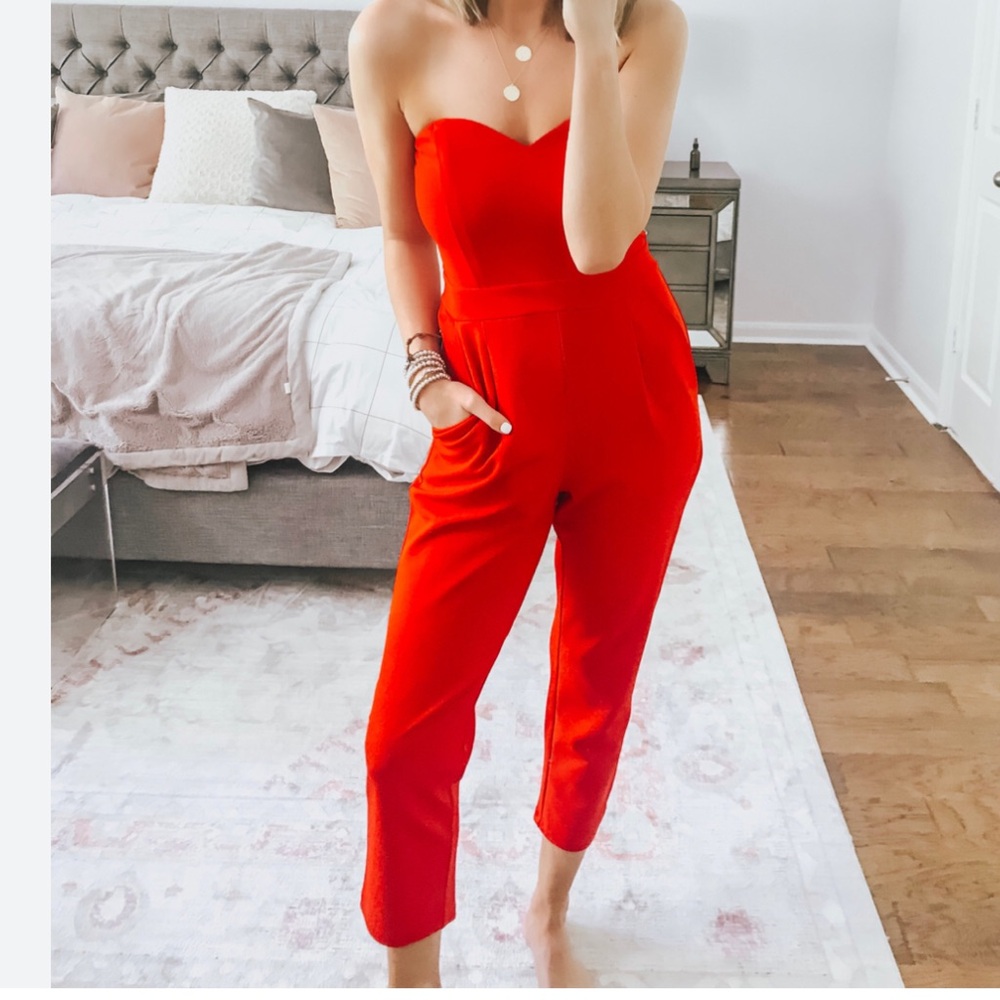 Express Red Strapless Jumpsuit